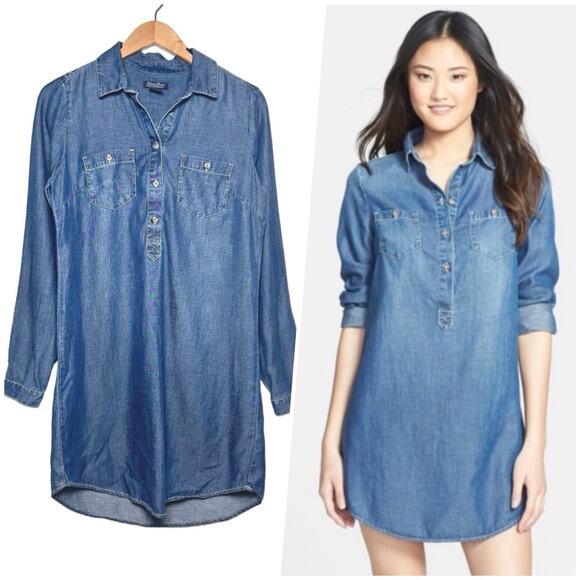 Lucky Brand | Women | Chambray Linen Blend Popover Mini Shirt Dress | Sz Small - Picture 1 of 12